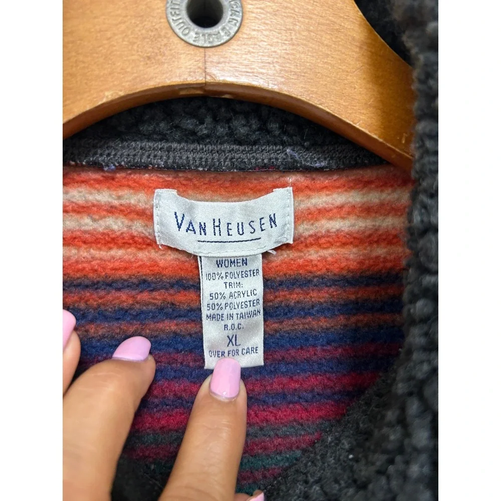 Van Heusen Womens XL Fleece Jacket Striped Sherpa Collar Button Up‎ Southwestern